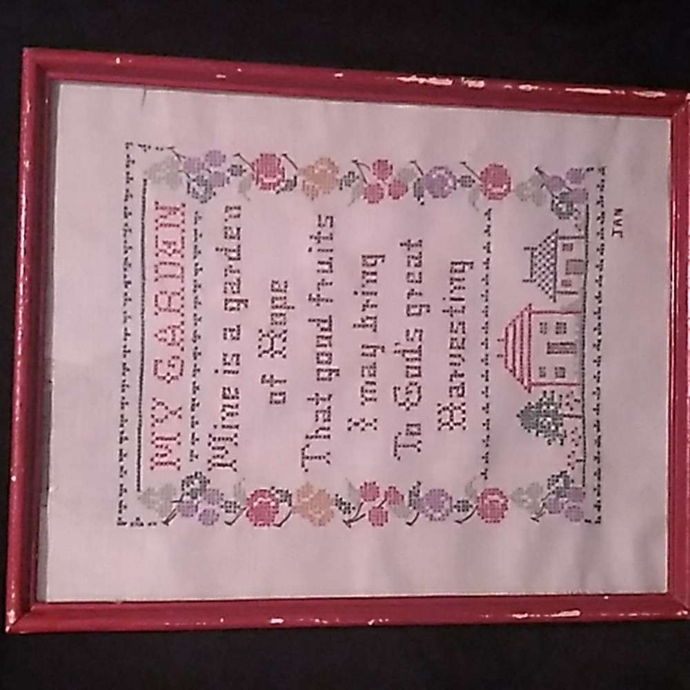 Vintage 1973 Framed "My Garden" Cross-Stitch Art with Red Frame - Picture 9 of 9
